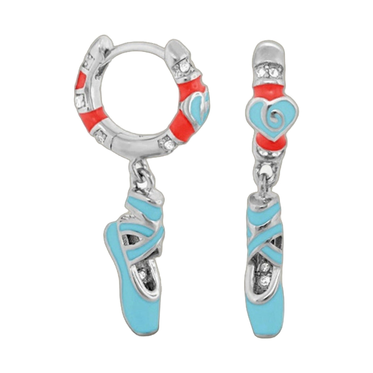 Ballet Child Earrings by Lauren G Adams, silver-tone earrings with turquoise heart charm and red enamel accents on Tampa Home & Garden Store