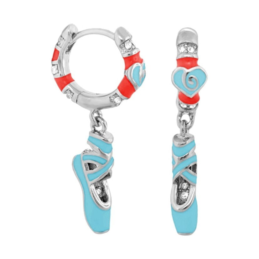 Ballet Child Earrings, Lauren G Adams, turquoise ballet slipper charms with red enamel hoops on Tampa Home & Garden Store