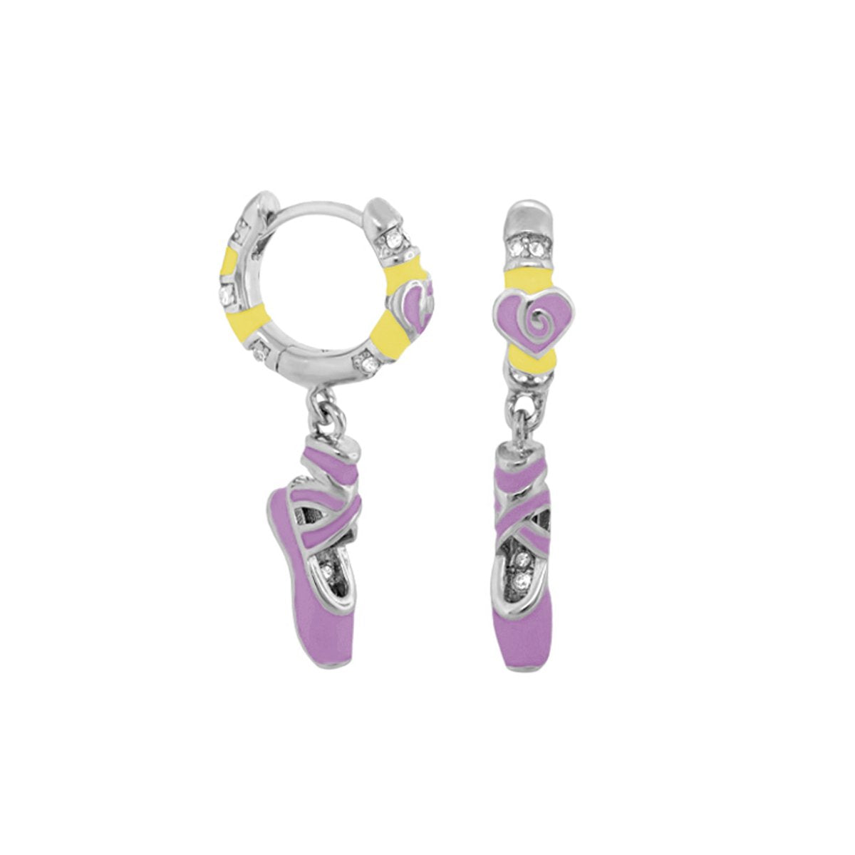 Ballet Child Earrings pair lilac ballet slipper charms, yellow accents, silver hoops on Tampa Home & Garden Store