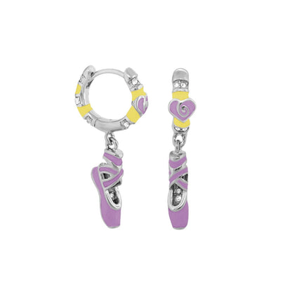 Ballet Child Earrings pair lilac ballet slipper charms, yellow accents, silver hoops on Tampa Home & Garden Store
