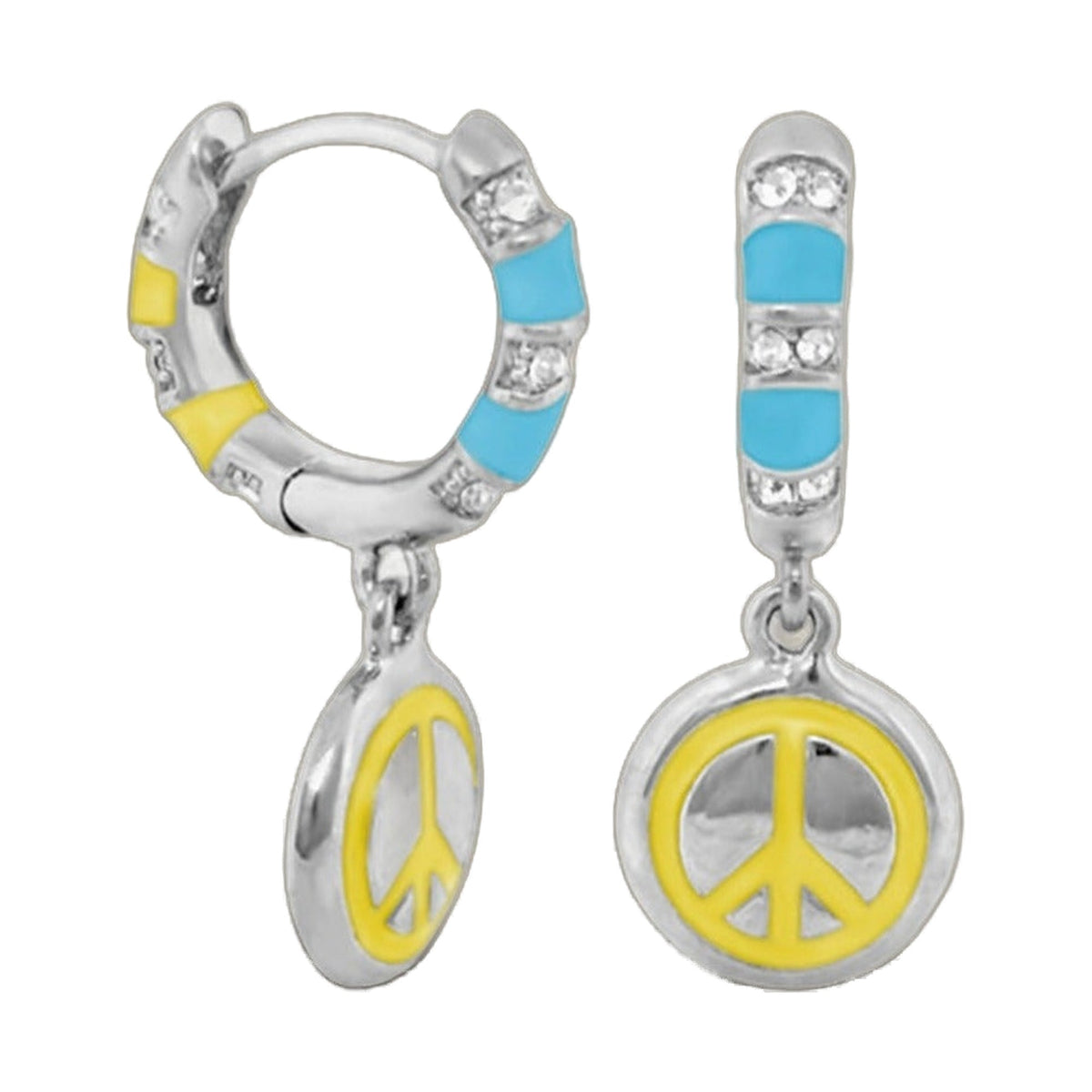 Groovy Kids Peace Sign Earrings two-piece hoop and drop set with blue yellow enamel accents on Tampa Home & Garden Store