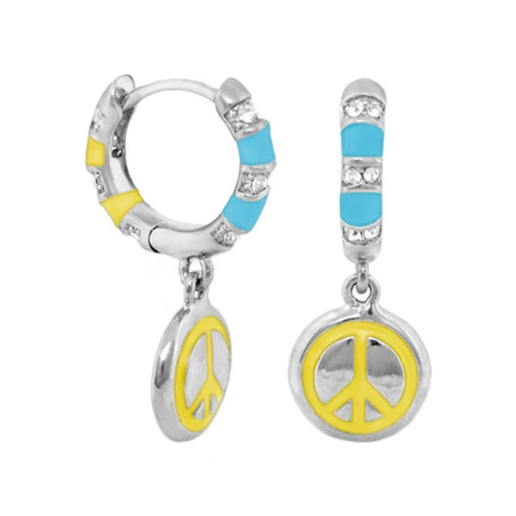 Groovy Kids Peace Sign Earrings pair Lauren G Adams blue enamel yellow peace charm on Tampa Home & Garden Store