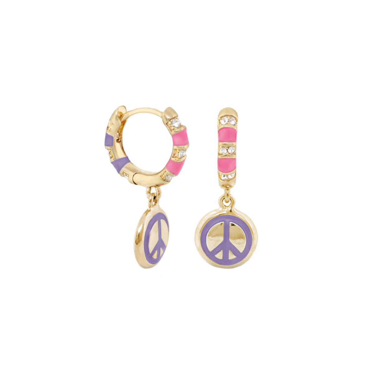 Groovy Kids Peace Sign Earrings, gold hoops with pink purple enamel accents, Lauren G Adams on Tampa Home & Garden Store