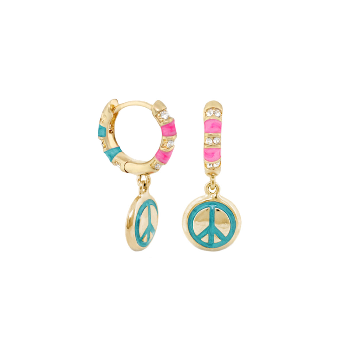 Groovy Kids Peace Sign Earrings by Lauren G Adams, gold-tone hoops with pink turquoise enamel, pair on Tampa Home & Garden Store