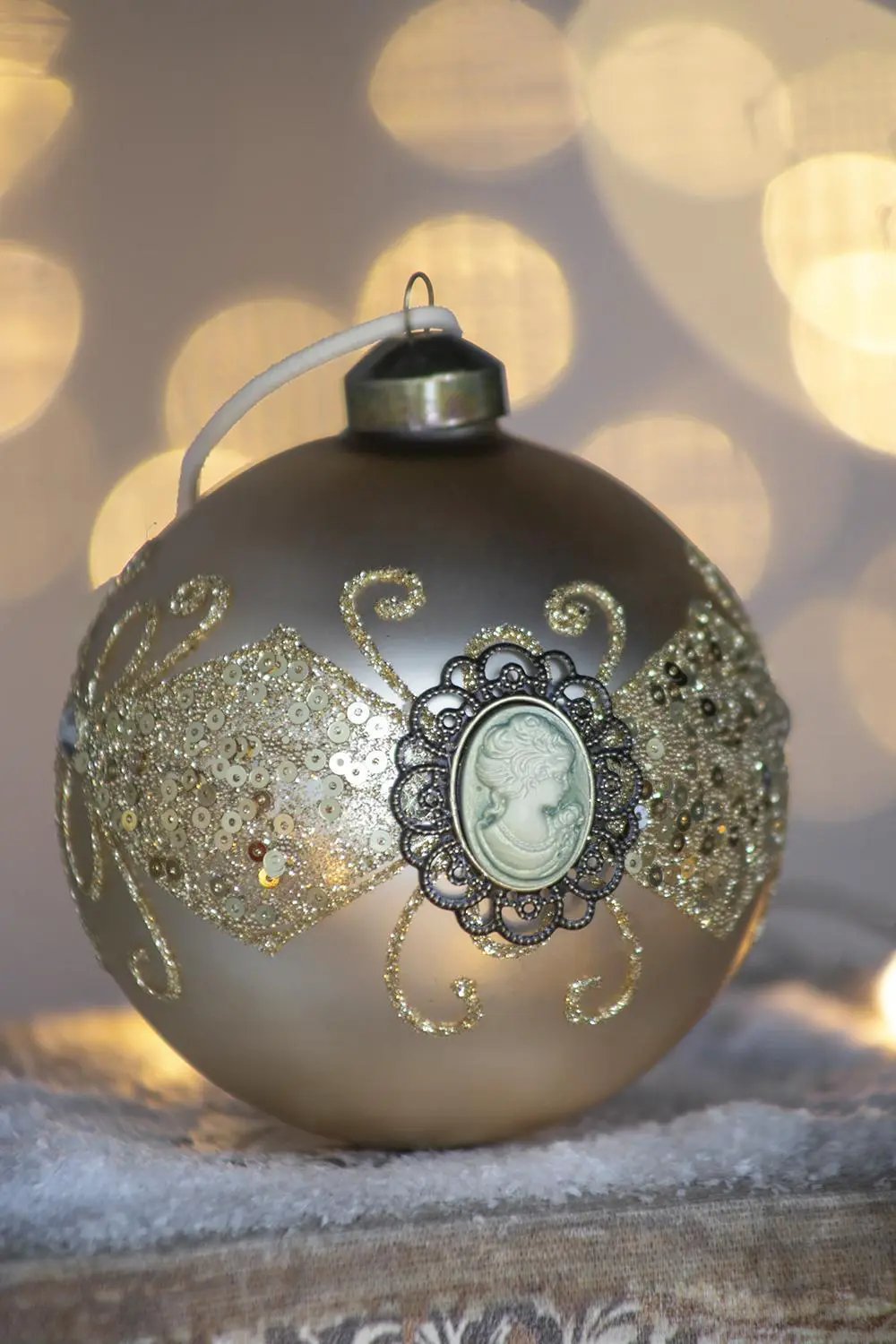 Hanging ball ornament with silver sequin band and cameo centerpiece, Christmas decor set of 6 on Tampa Home & Garden Store