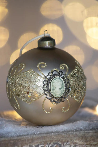 Hanging ball ornament with silver sequin band and cameo centerpiece, Christmas decor set of 6 on Tampa Home & Garden Store
