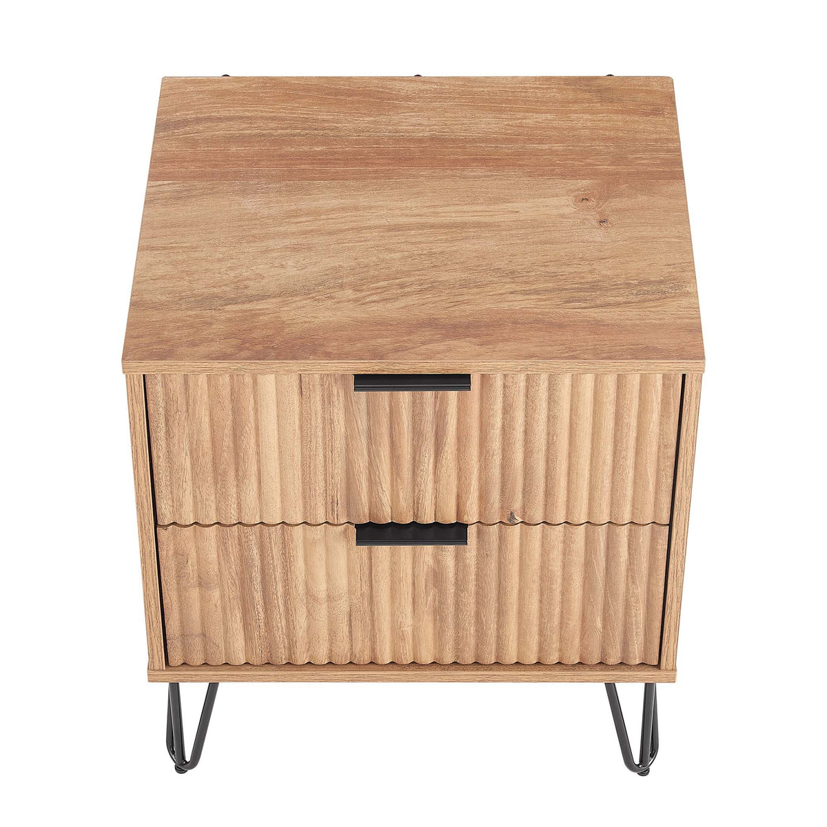 Dumbo Nightstand with 2 drawers, fluted fronts, natural wood finish, black hairpin legs on Tampa Home & Garden Store