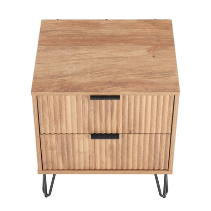 Dumbo Nightstand with 2 drawers, fluted fronts, natural wood finish, black hairpin legs on Tampa Home & Garden Store