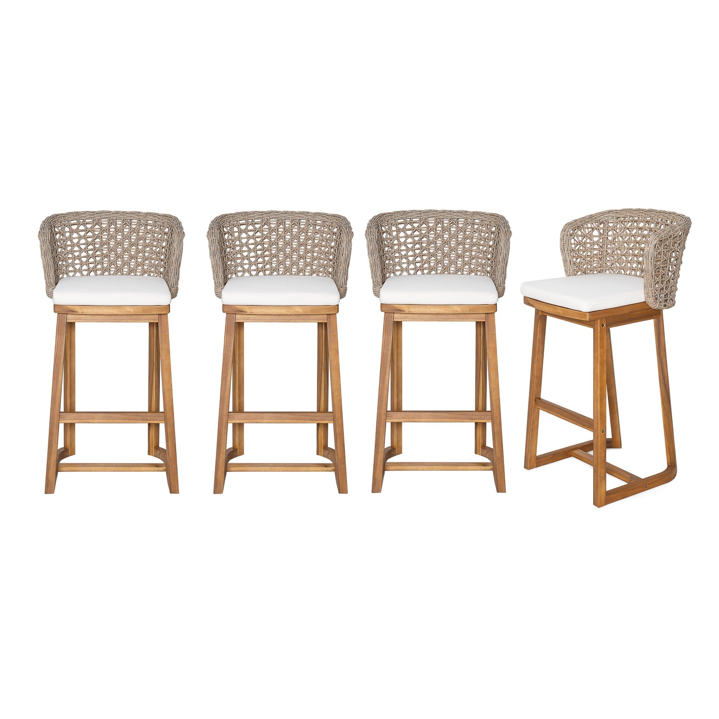 Outdoor acacia wood bar stools with white cushions and woven rattan backs, set of 4 on Tampa Home & Garden Store