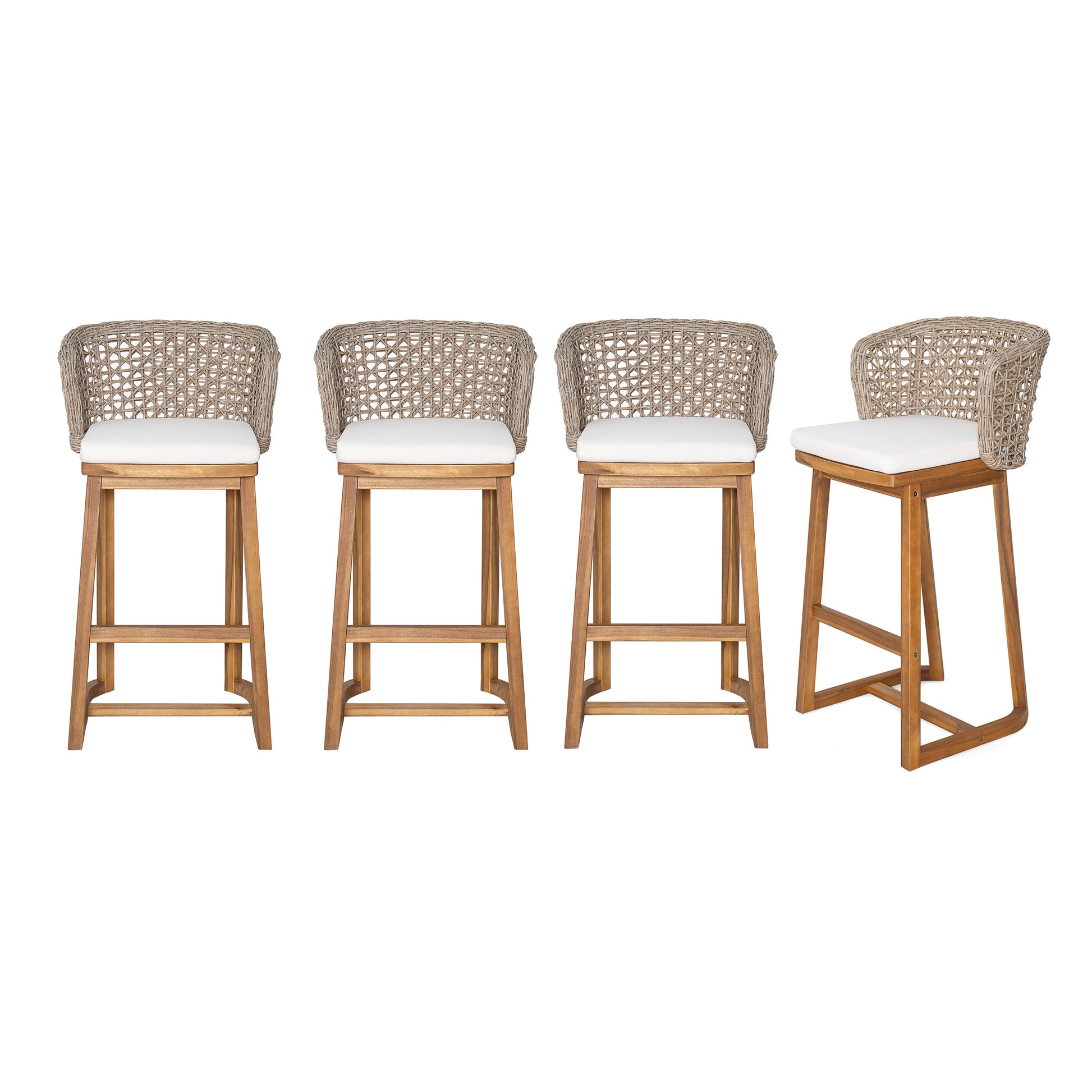 Outdoor acacia wood bar stools with white cushions and woven rattan backs, set of 4 on Tampa Home & Garden Store