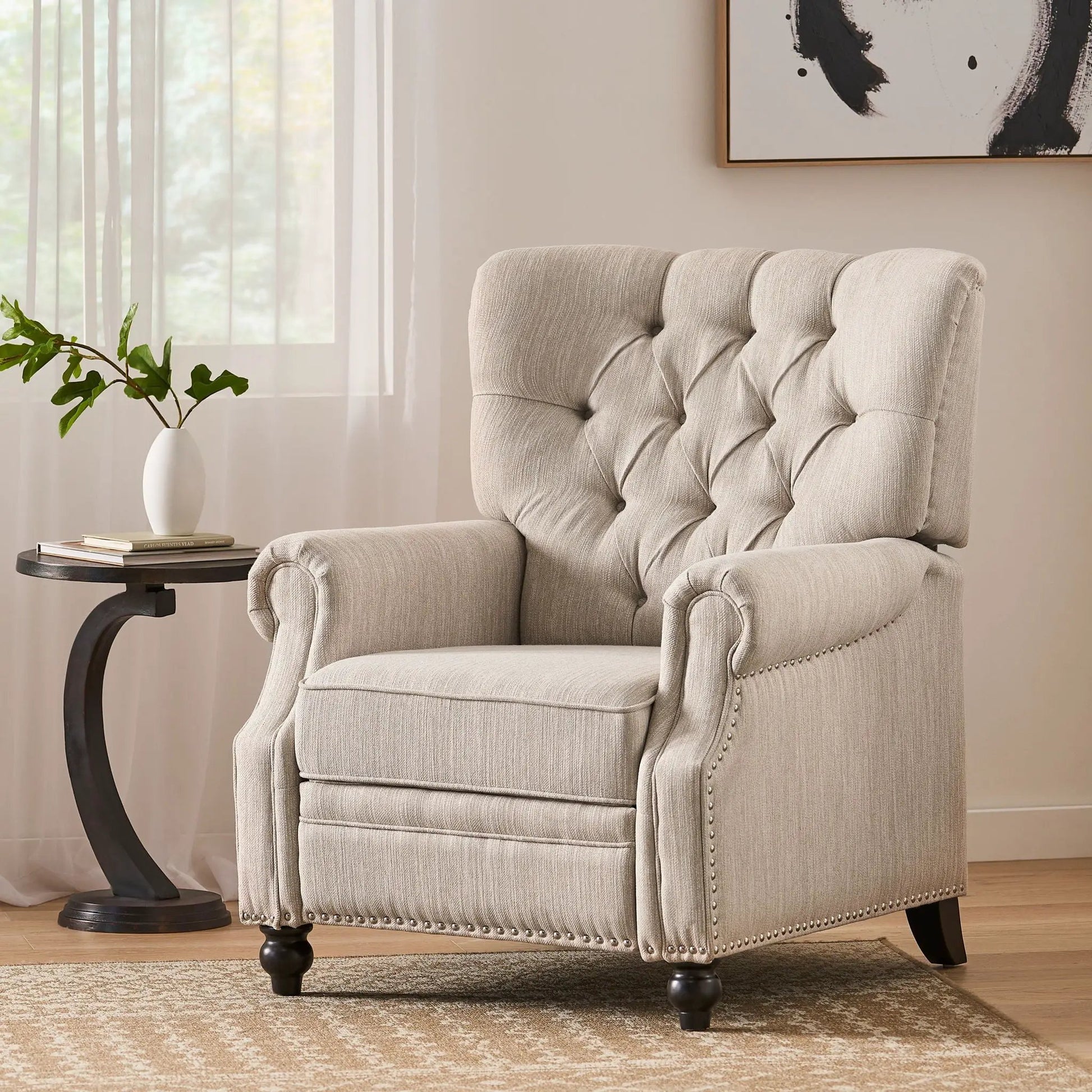 Welch Contemporary Tufted Pushback Recliner, beige fabric with nailhead trim on Tampa Home & Garden Store