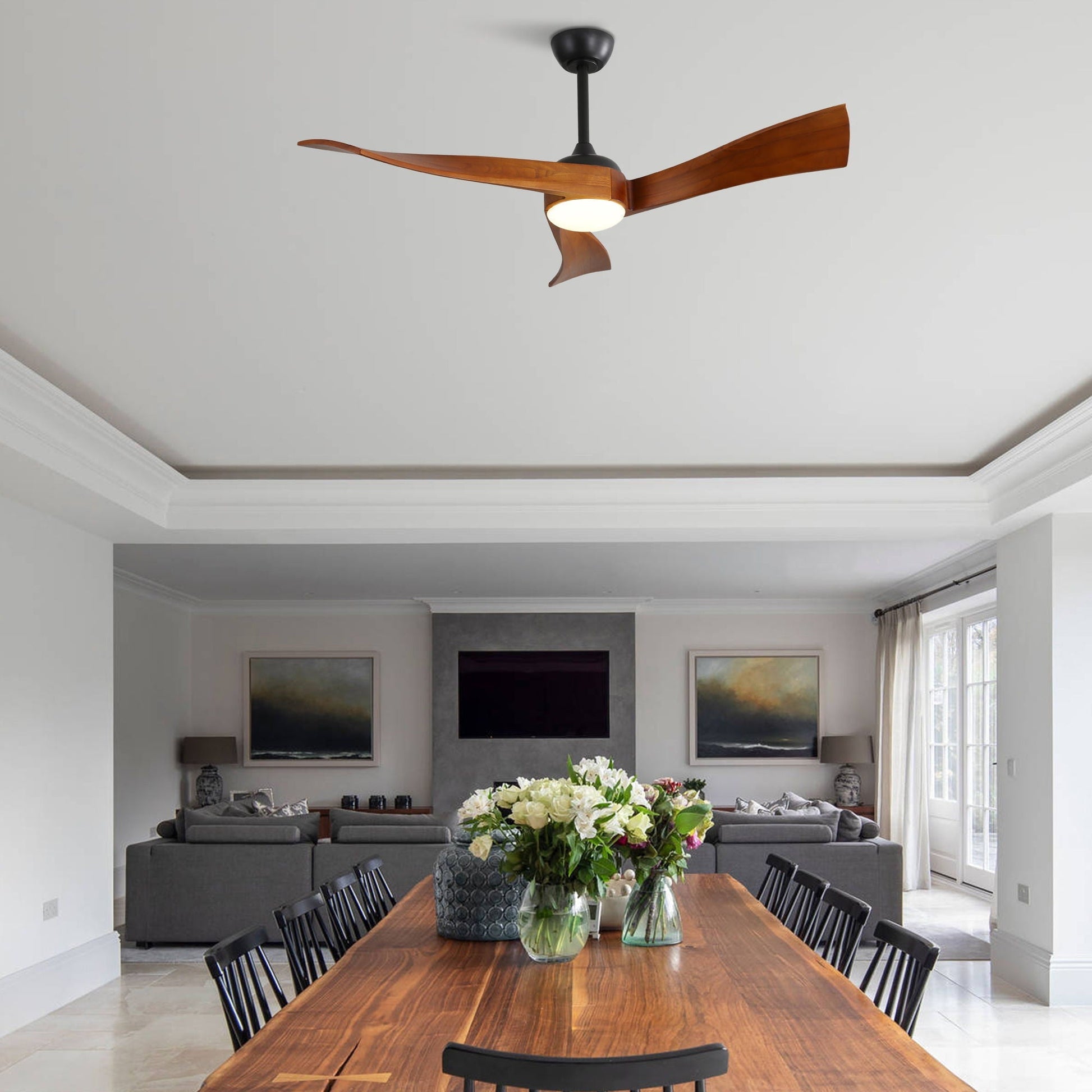 Ceiling Fan by HouseOfZazla with reversible DC motor, black housing and warm wood blades on Tampa Home & Garden Store