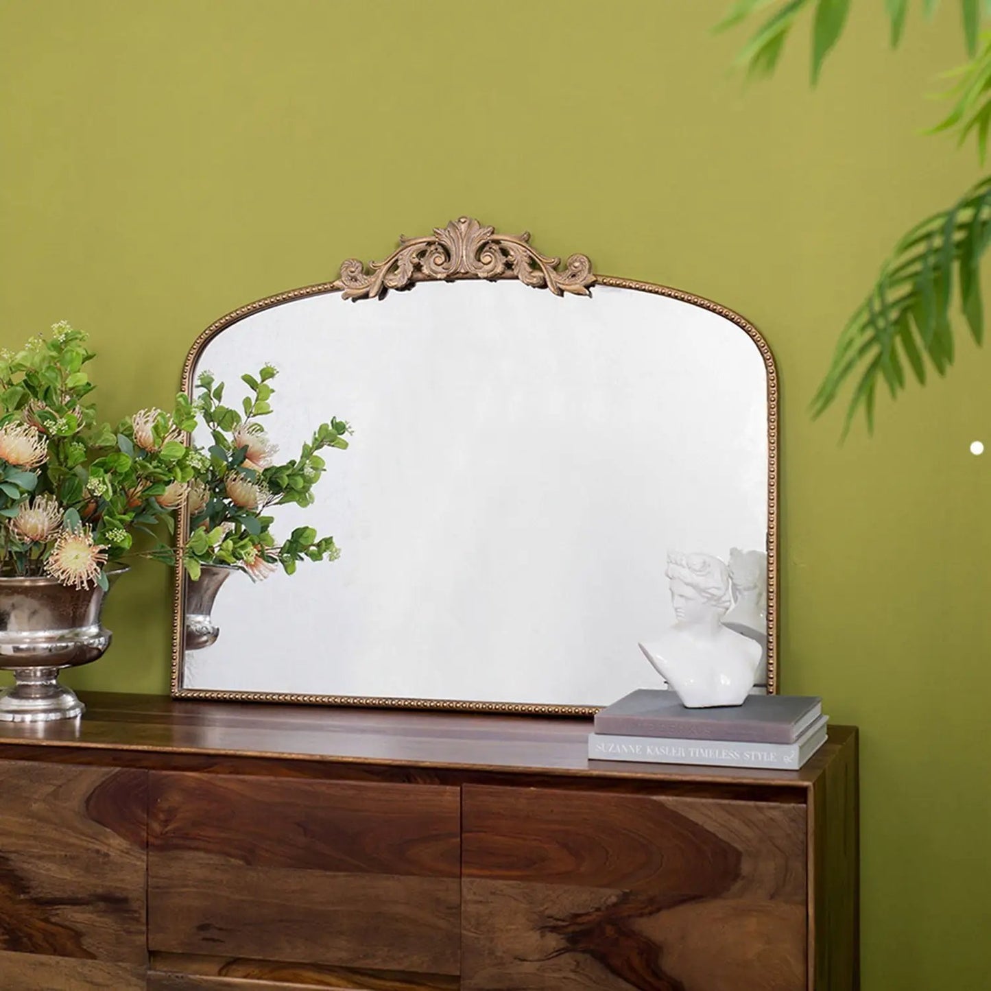 Arch Mirror Unique Piece Furniture ornate gold Baroque frame on a wooden console with florals on Tampa Home & Garden Store