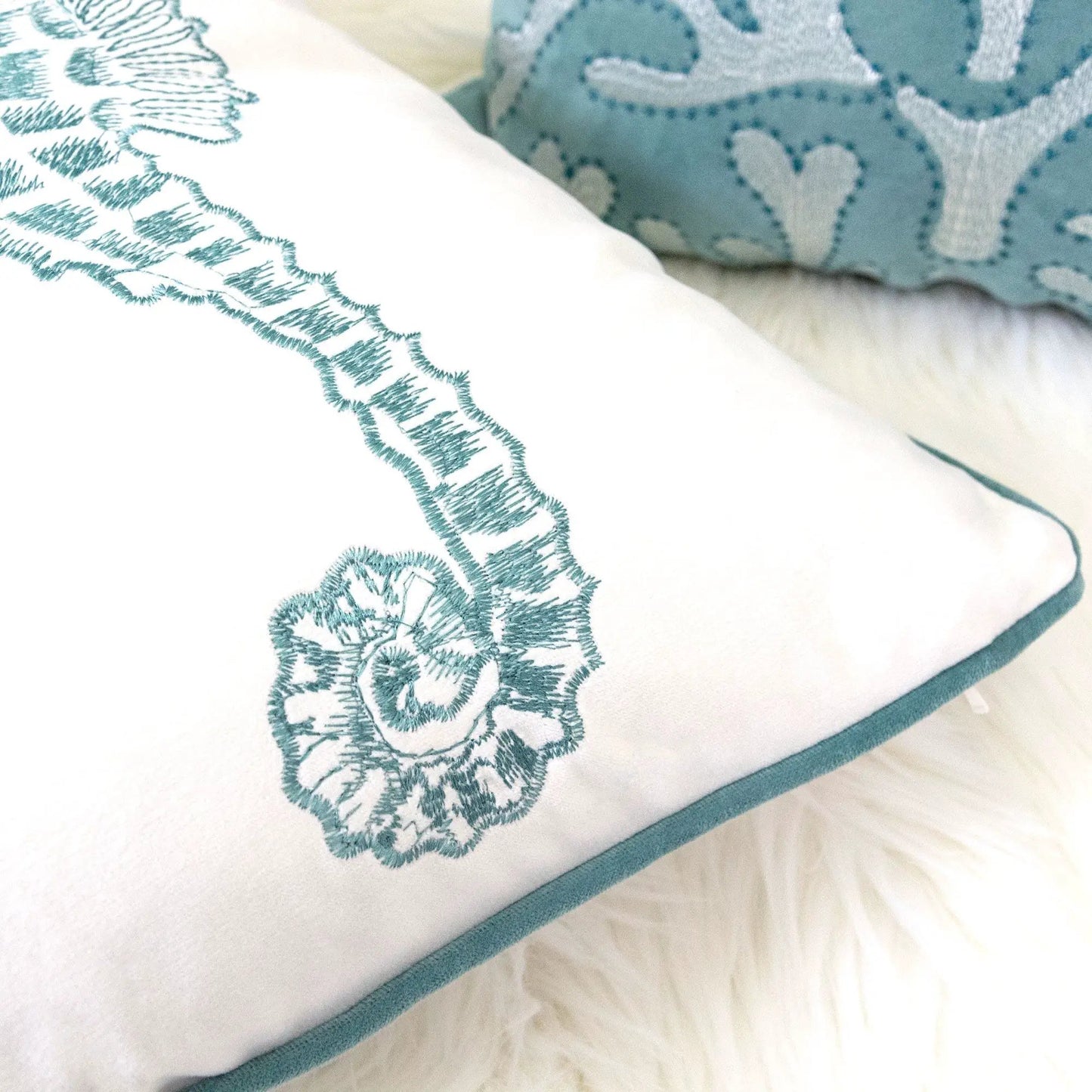 Seahorses Pillow Cover With Matching Back, white front teal seahorse embroidery, teal piping on Tampa Home & Garden Store