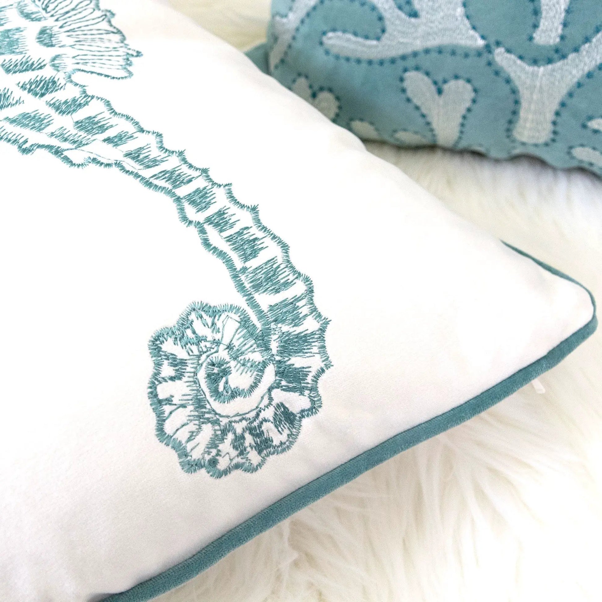 Seahorses Pillow Cover With Matching Back, white front teal seahorse embroidery, teal piping on Tampa Home & Garden Store