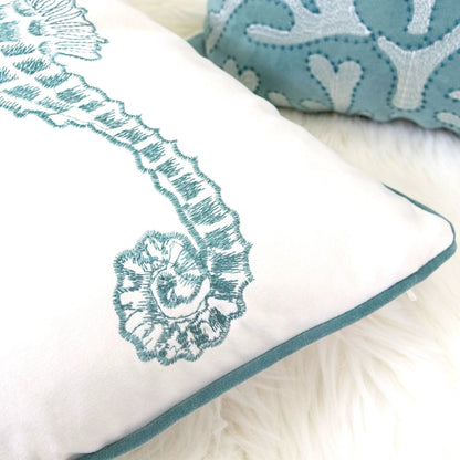 Seahorses Pillow Cover With Matching Back, white front teal seahorse embroidery, teal piping on Tampa Home & Garden Store