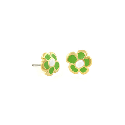 Hu La La Child's Earring, green enamel flower studs with gold-tone edges and white centers on Tampa Home & Garden Store