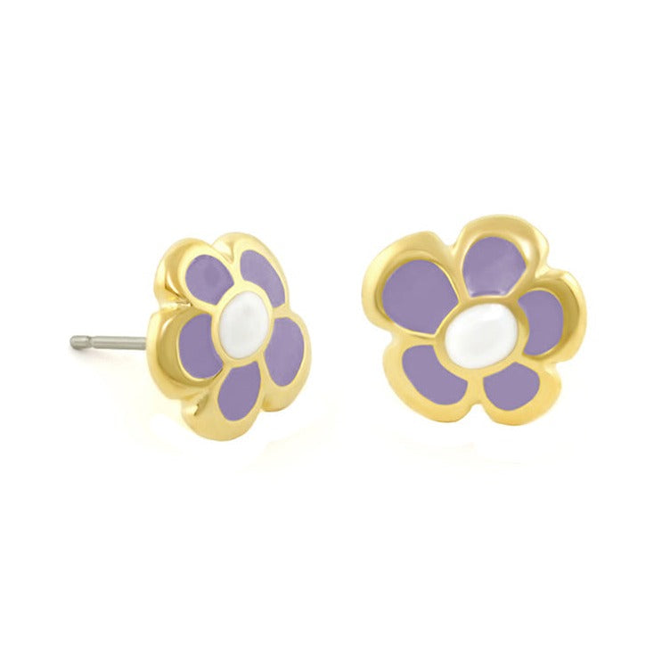 Hu La La Child's Earrings Lauren G Adams Flower Studs goldtone purple petals and white center on Tampa Home & Garden Store