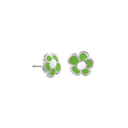 Hu La La Child's Earring pair, stud lime-green enamel petals on silver setting by Lauren G Adams on Tampa Home & Garden Store