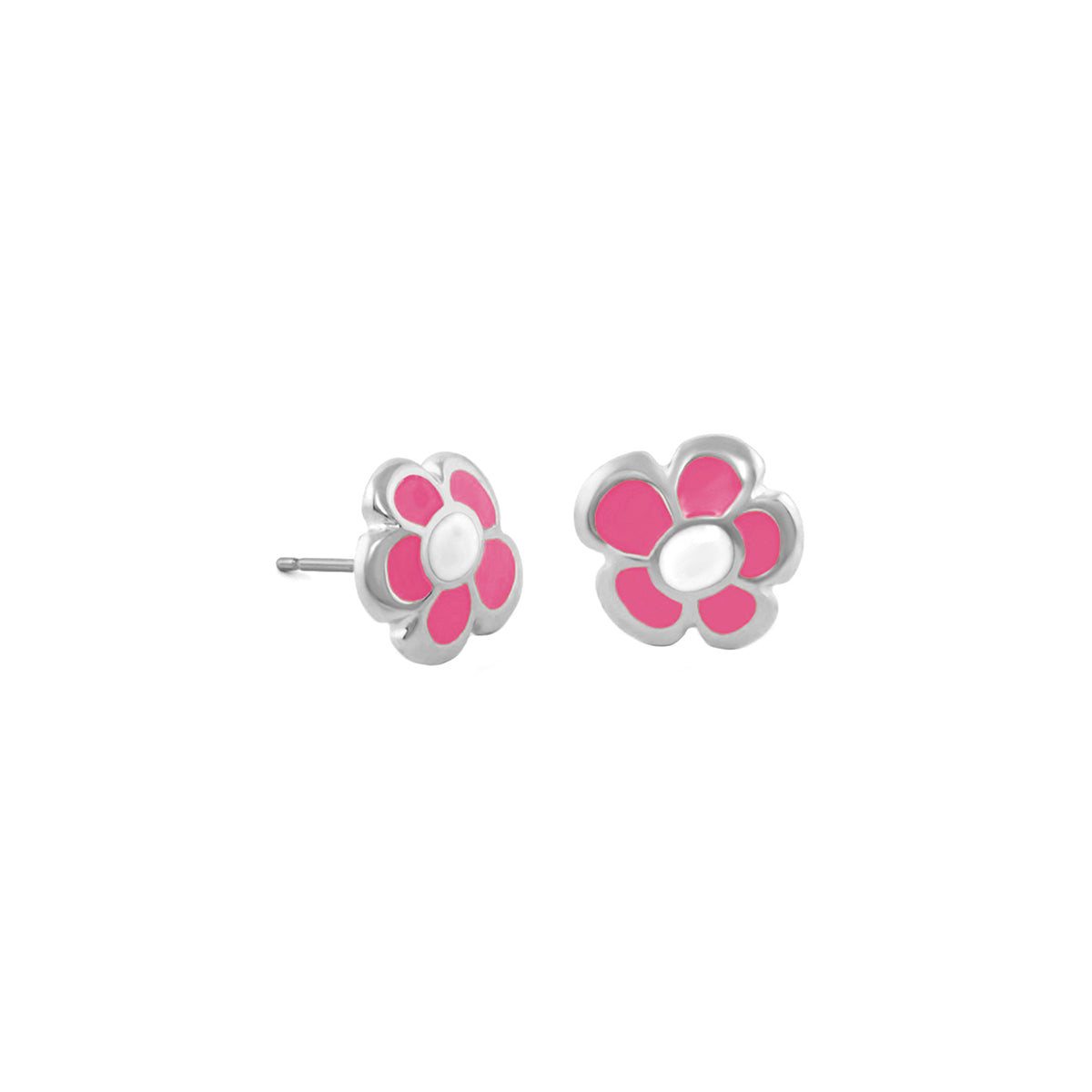 Hu La La Child's Earring pair in pink enamel flower design with silver setting on Tampa Home & Garden Store