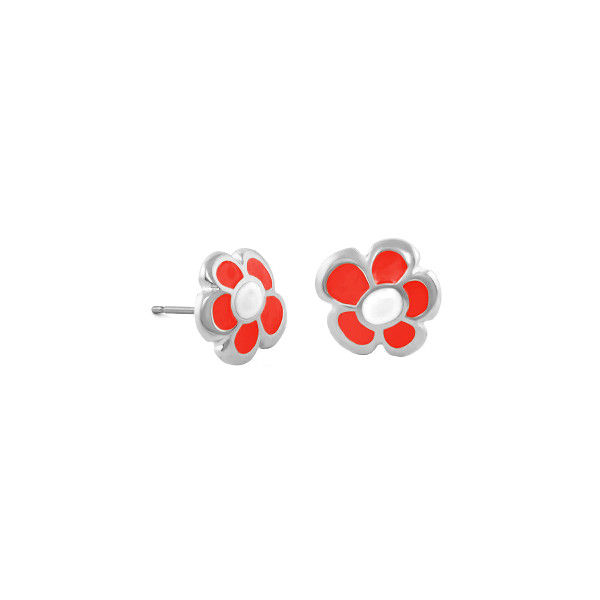 Hu La La Child's Earring pair by Lauren G Adams, red enamel flower studs in silver-tone on Tampa Home & Garden Store