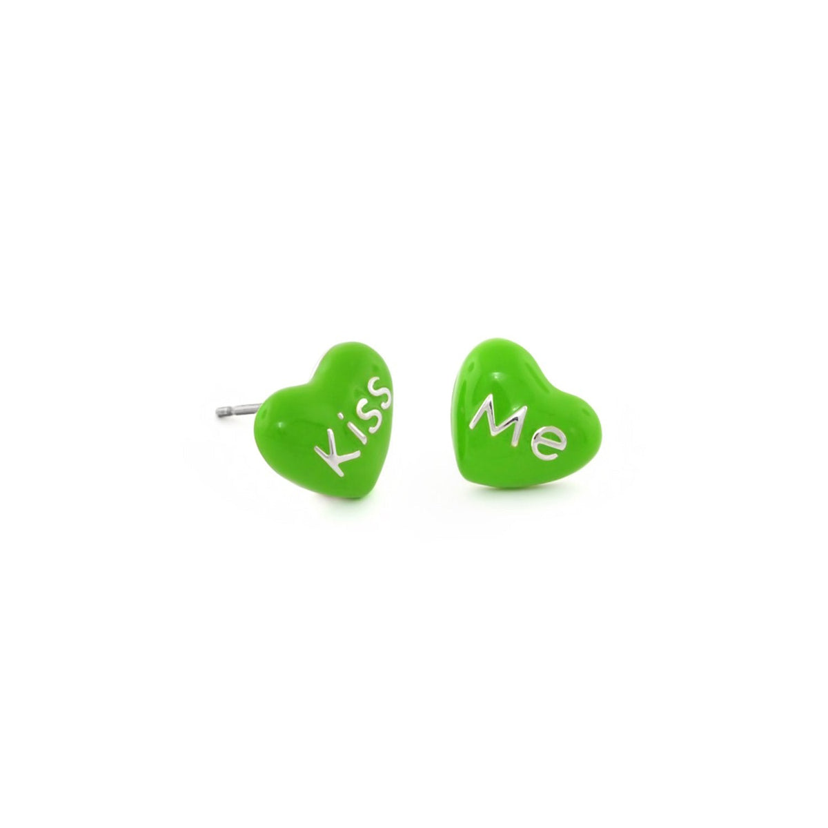 Kiss Me Earrings, green heart studs with white Kiss and Me lettering, 2-piece set on Tampa Home & Garden Store