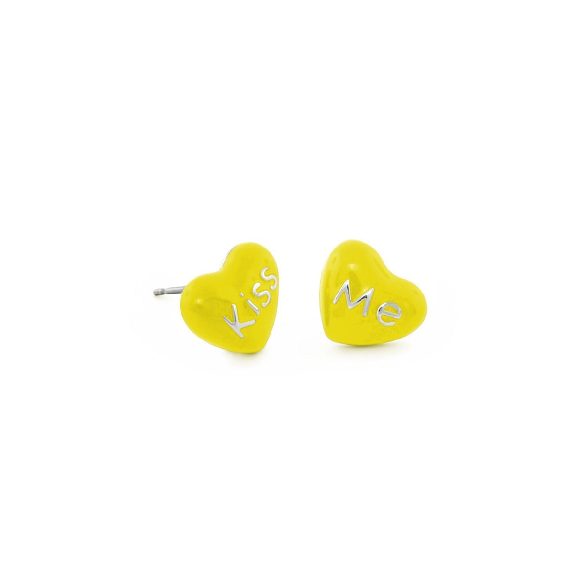 Kiss Me earrings pair, yellow enamel heart studs with silver lettering on Tampa Home & Garden Store
