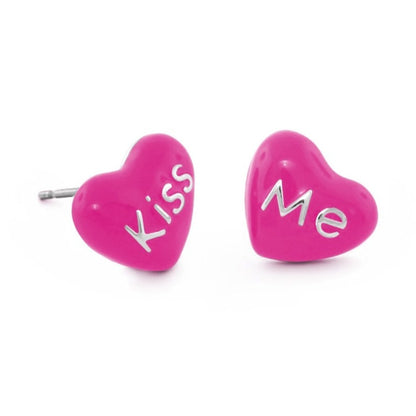 Kiss Me Earrings pair for girls; pink heart studs with white script by Lauren G Adams on Tampa Home & Garden Store
