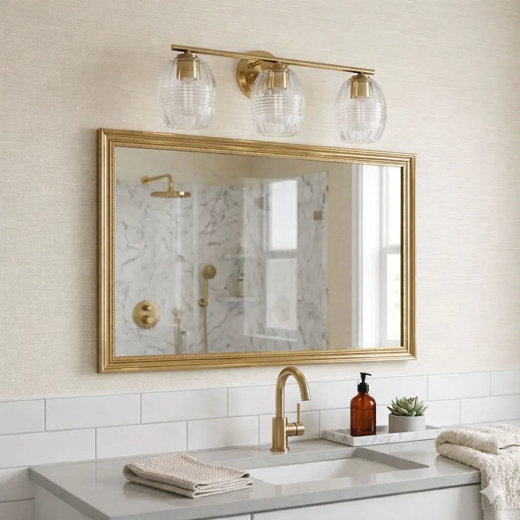 Luster 3-light vanity wall lamp with satin gold finish and clear shades above mirror on Tampa Home & Garden Store