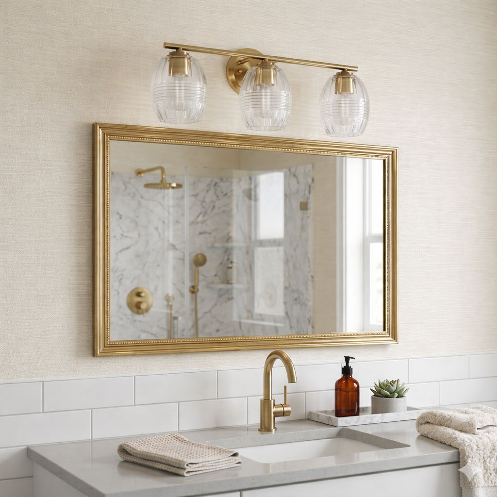 Luster 3-light vanity sconces with satin gold finish and clear glass shades over bathroom mirror on Tampa Home & Garden Store