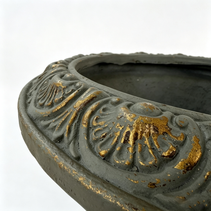 Antique blue MGO planter with drainage hole, ornate rim, gold accents, HouseOfZazla on Tampa Home & Garden Store