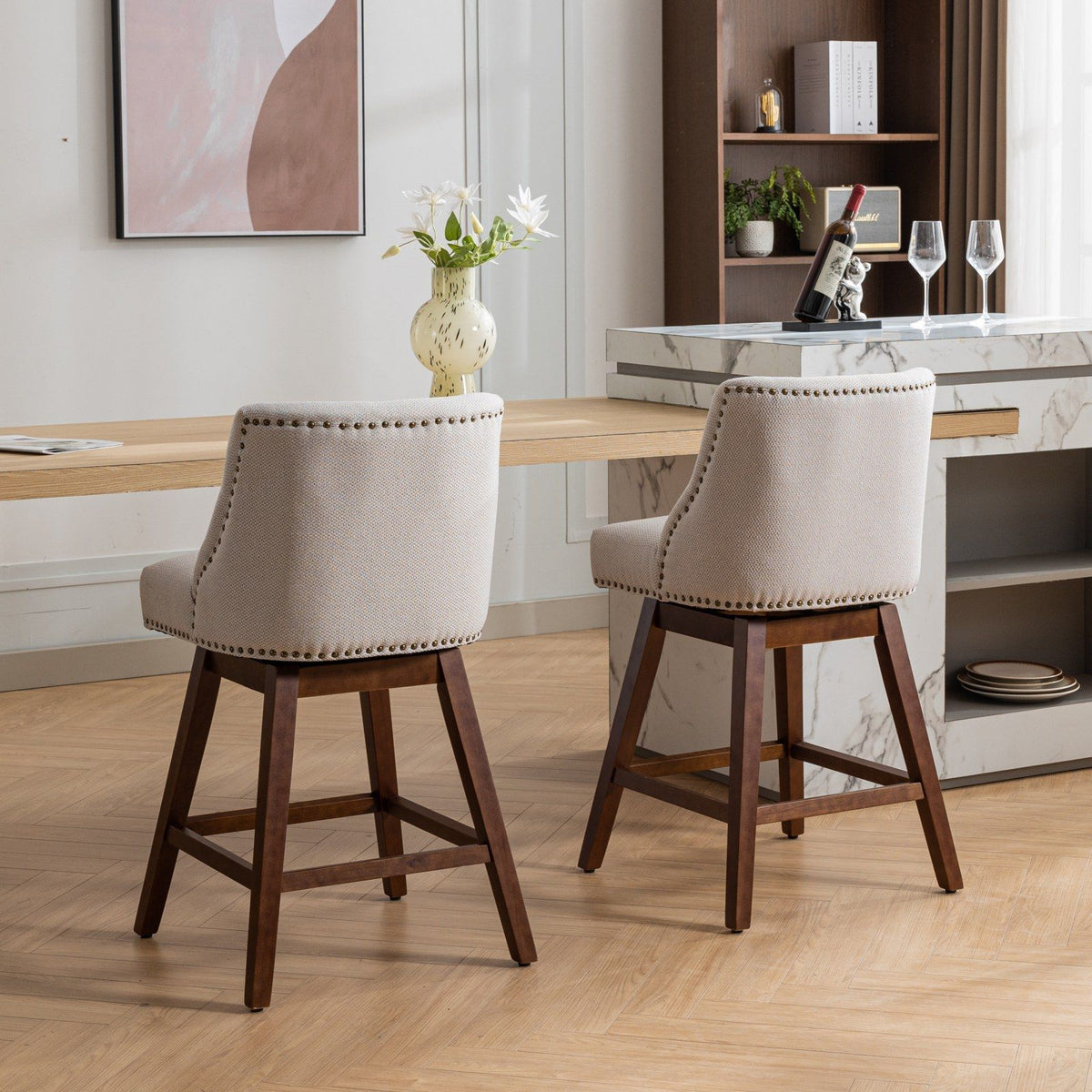 Counter height swivel barstools, set of 2, beige fabric with nailhead trim and dark wood legs on Tampa Home & Garden Store