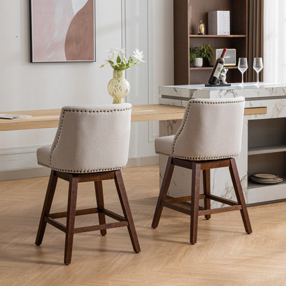 Counter height swivel barstools, set of 2, beige fabric with nailhead trim and dark wood legs on Tampa Home & Garden Store