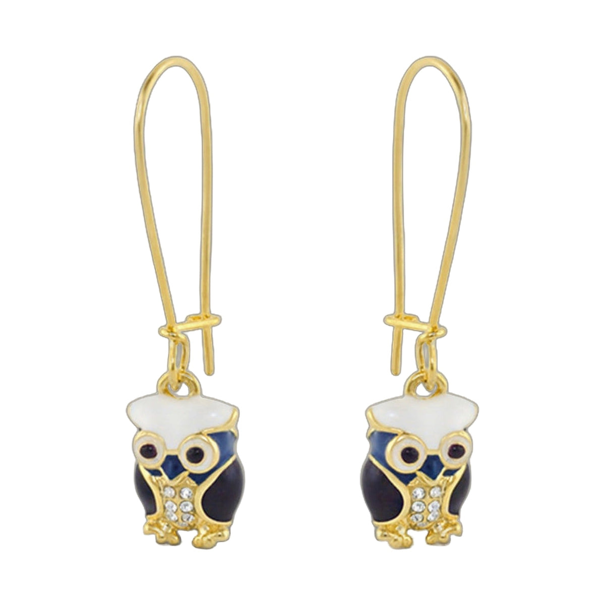 Dream Garden girl’s earrings by Lauren G Adams, gold-tone owl charms with white enamel on Tampa Home & Garden Store