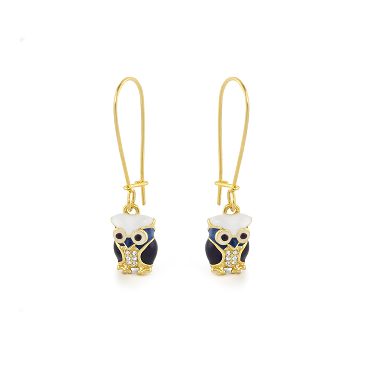 Dream Garden Earrings by Lauren G Adams: pair of gold hook owl charms in white and navy on Tampa Home & Garden Store