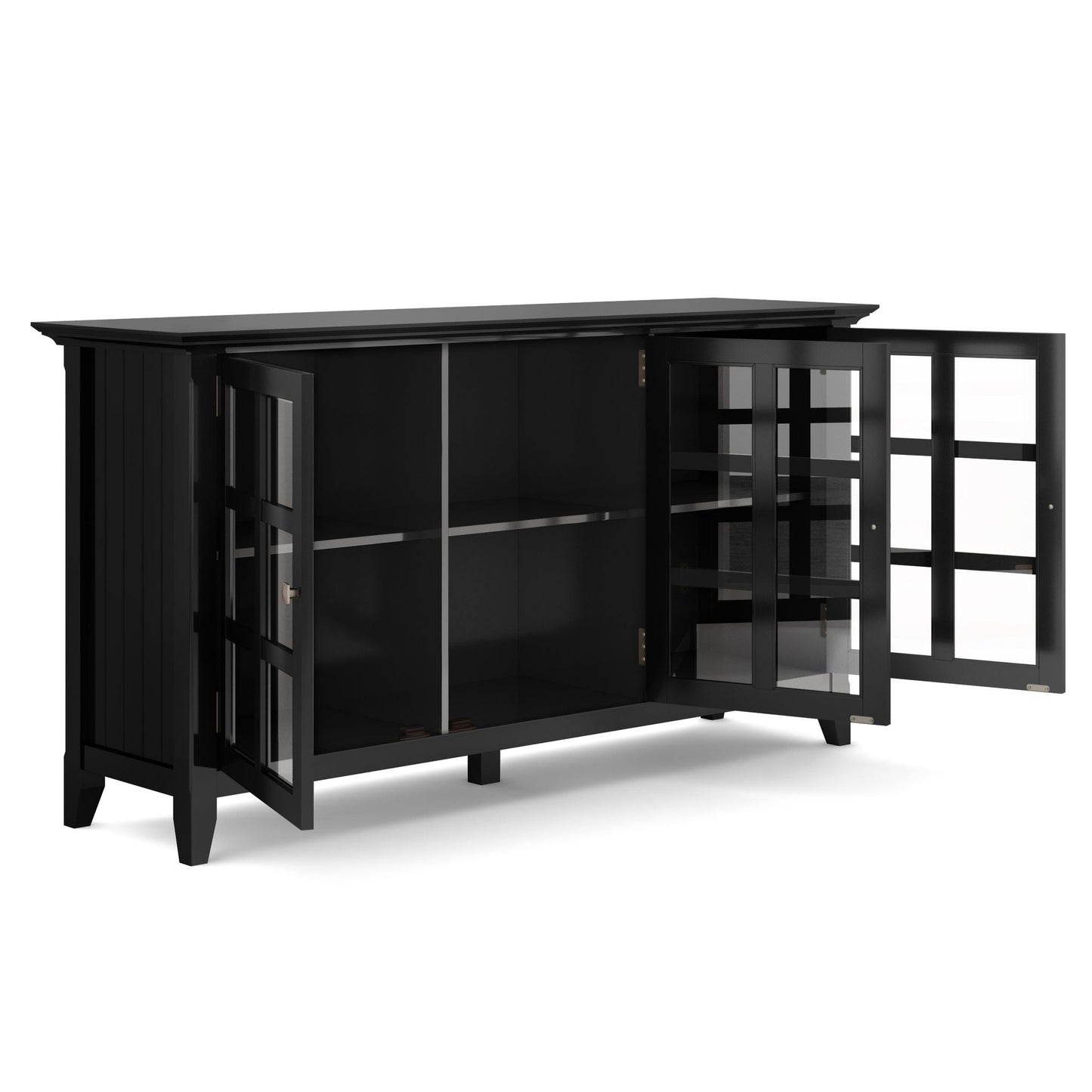 Acadian wide storage cabinet handcrafted by HouseOfZazla; black finish with glass doors on Tampa Home & Garden Store