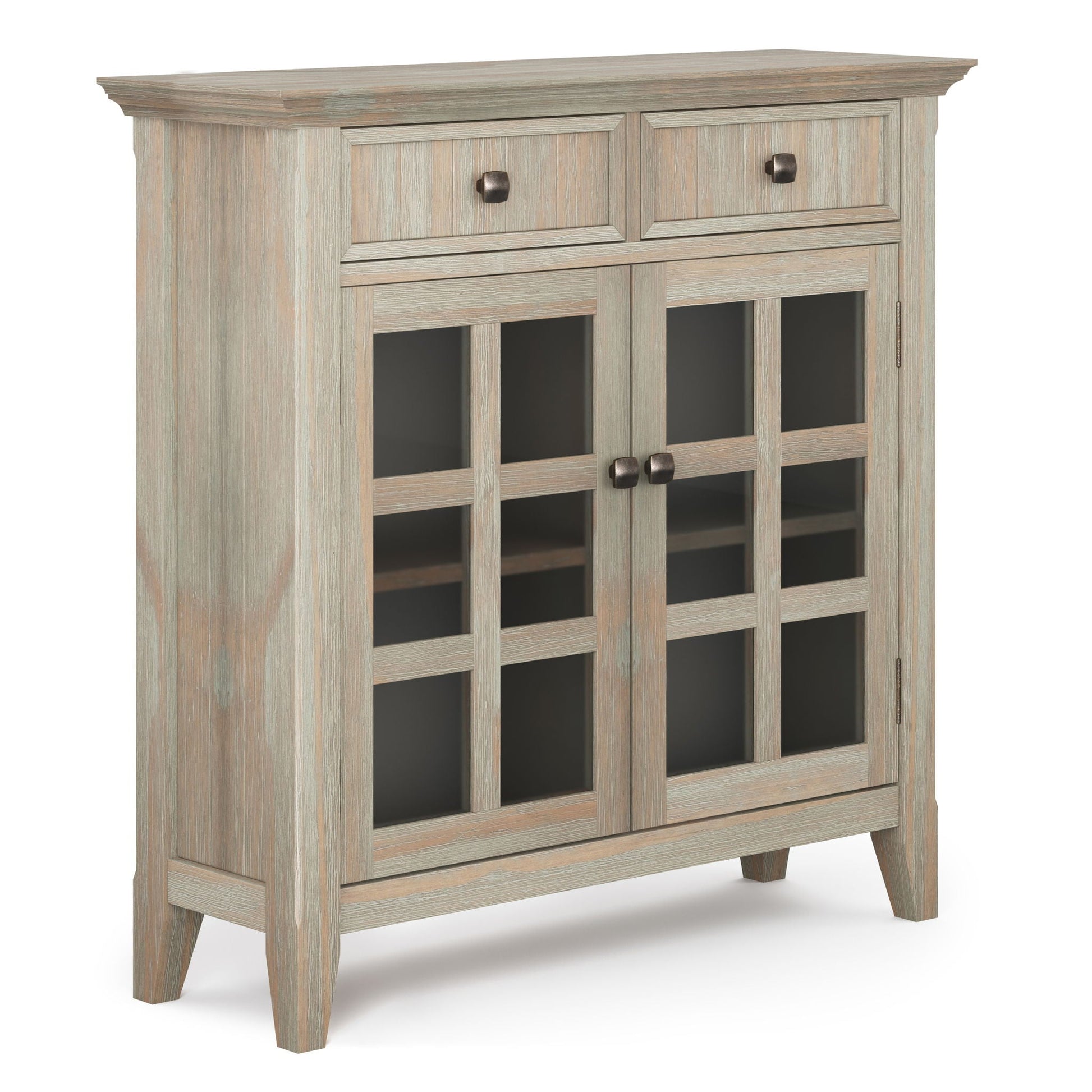 Acadian Handcrafted Entryway Storage Cabinet by HouseOfZazla, weathered oak with glass doors on Tampa Home & Garden Store
