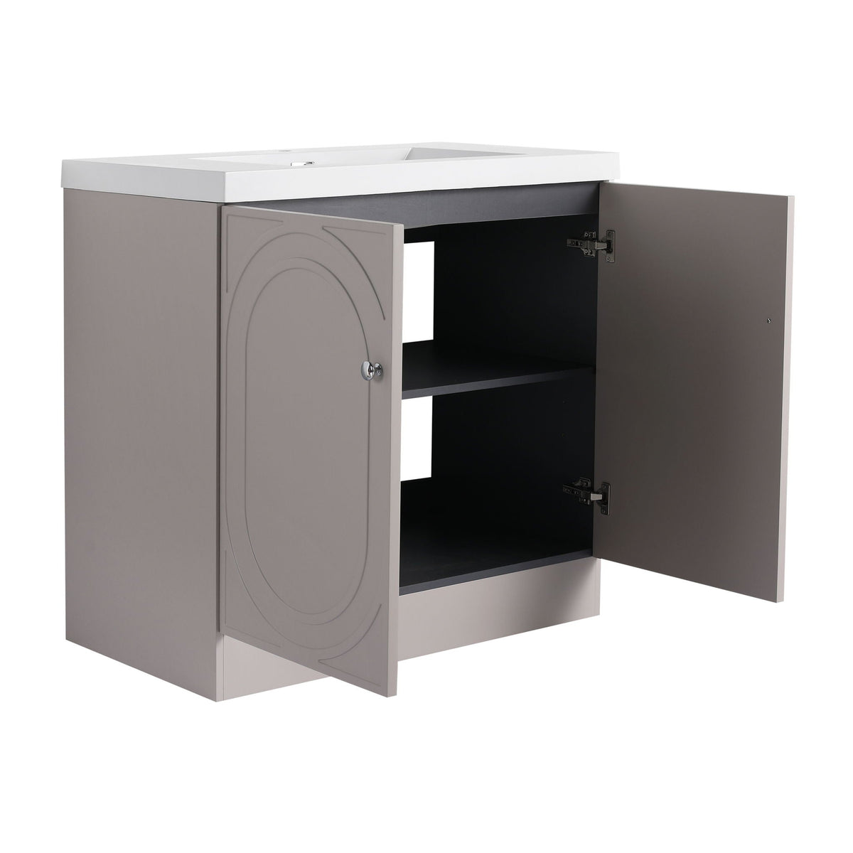 Freestanding bath vanity with resin sink, taupe cabinet, white top; door open to shelf on Tampa Home & Garden Store