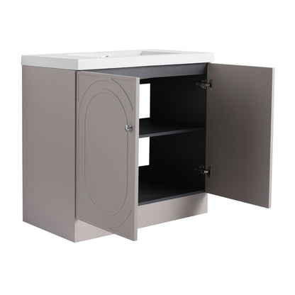 Freestanding bath vanity with resin sink, taupe cabinet, white top; door open to shelf on Tampa Home & Garden Store