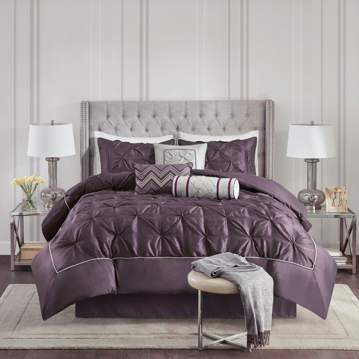 7 Piece Tufted Comforter Set on a King Bed