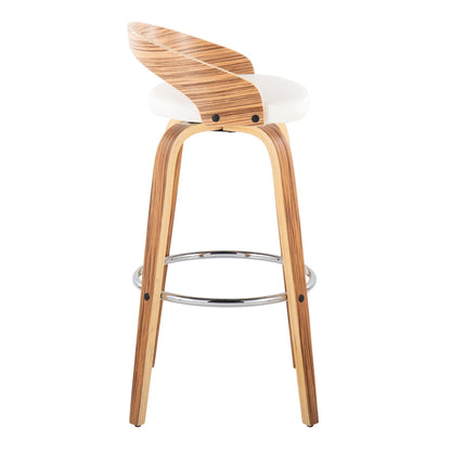Contemporary swivel barstool with white pearl seat, wood curved legs, chrome round footrest on Tampa Home & Garden Store