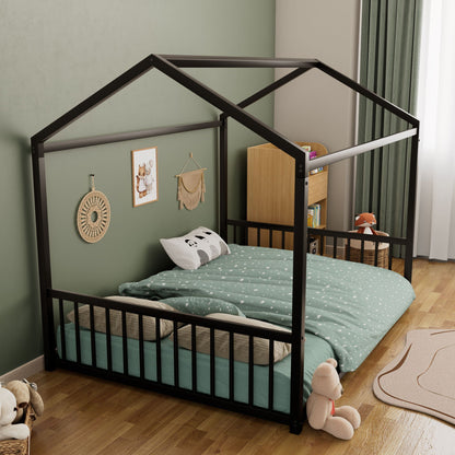 Montessori Floor House Bed With Safety Guardrails by HouseOfZazla, black metal canopy frame on Tampa Home & Garden Store