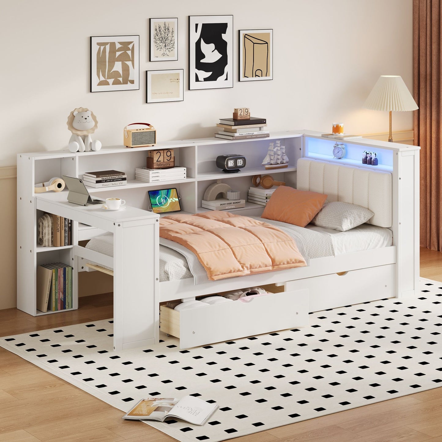 Platform bed with beige upholstered headboard, built-in desk and drawers, LED lighting on Tampa Home & Garden Store