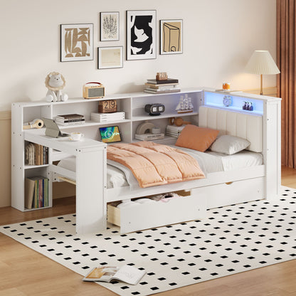 Platform bed with beige upholstered headboard, built-in desk and drawers, LED lighting on Tampa Home & Garden Store