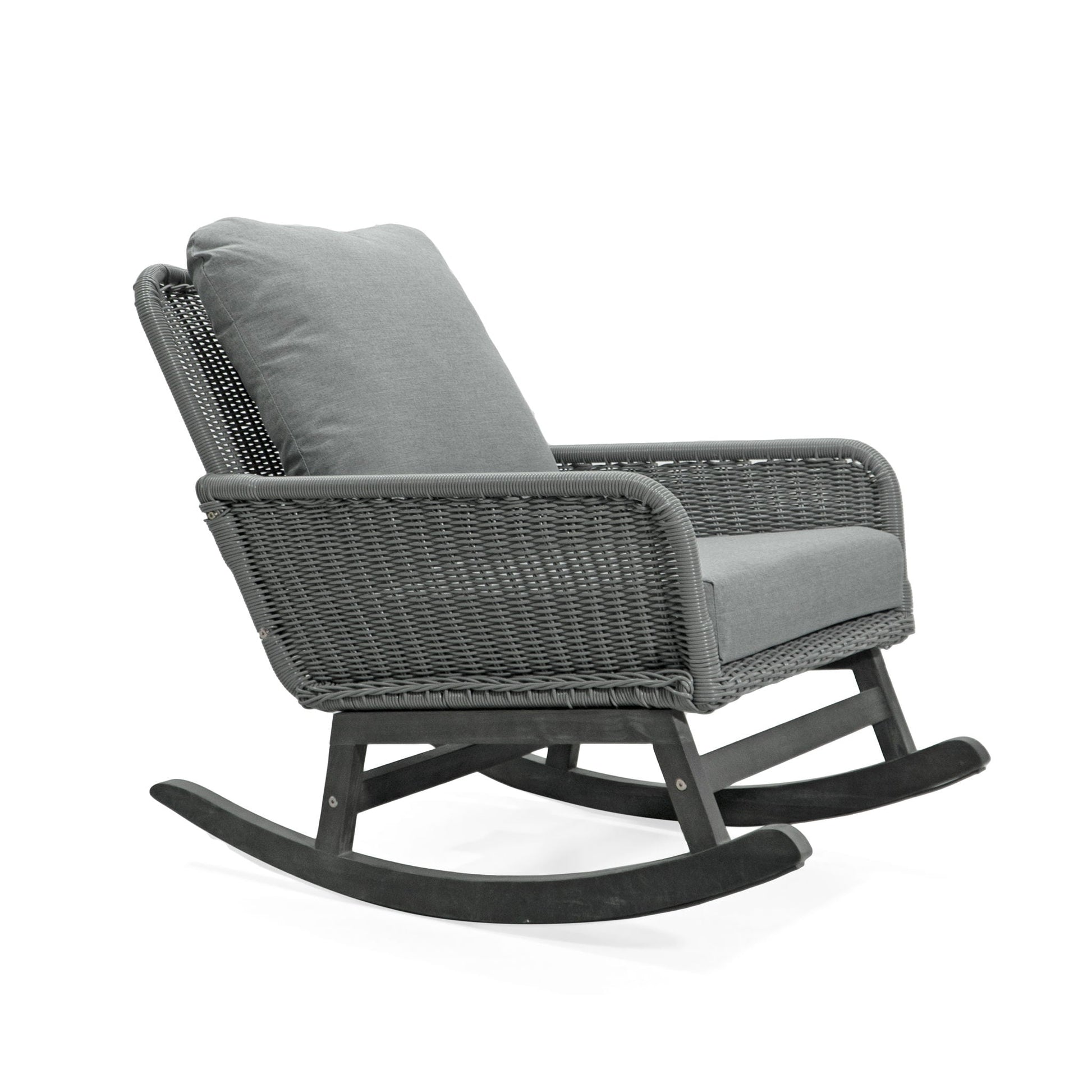 Contemporary minimalist wicker rocking chair with soft gray cushions and durable wood frame on Tampa Home & Garden Store