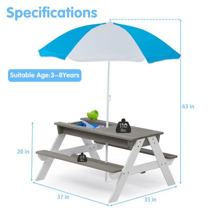 3-In-1 Kids Outdoor Wooden Picnic Table With Umbrella gray wooden table with blue canopy on Tampa Home & Garden Store