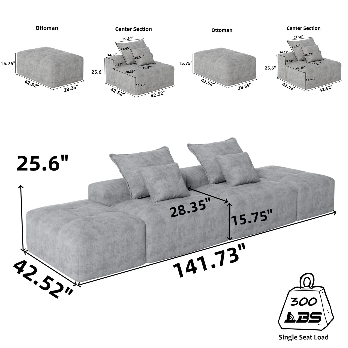 HouseOfZazla modular sectional sofa with pillows in gray fabric, 4-piece set on Tampa Home & Garden Store