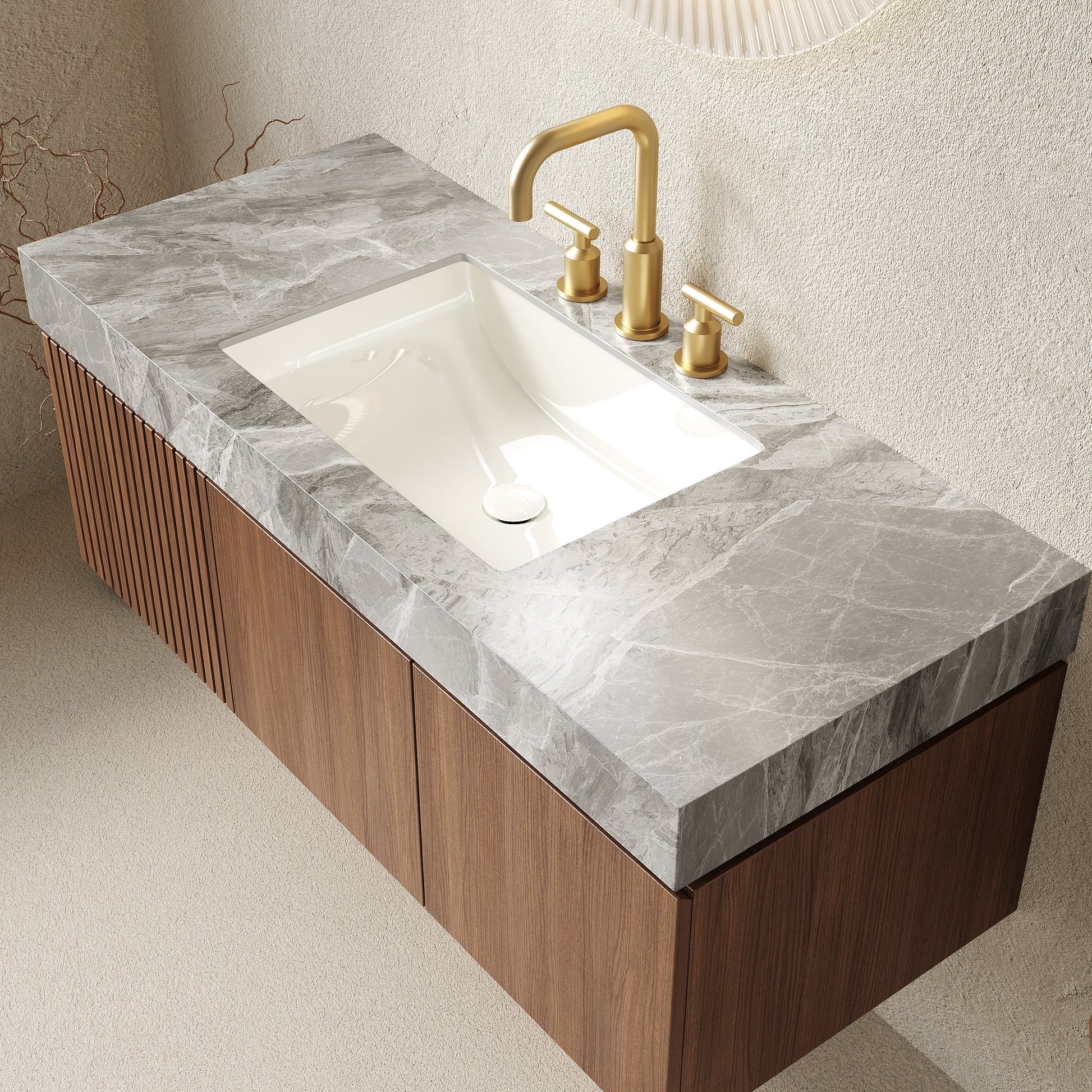 MURI 48in bathroom vanity with marble top, white sink, gold faucet, floating plywood cabinet on Tampa Home & Garden Store