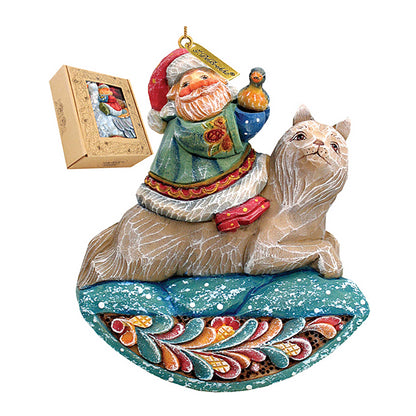 Santa on Wolf sculpted ornament by G. DeBrekht, hand-painted wooden holiday decor on Tampa Home & Garden Store