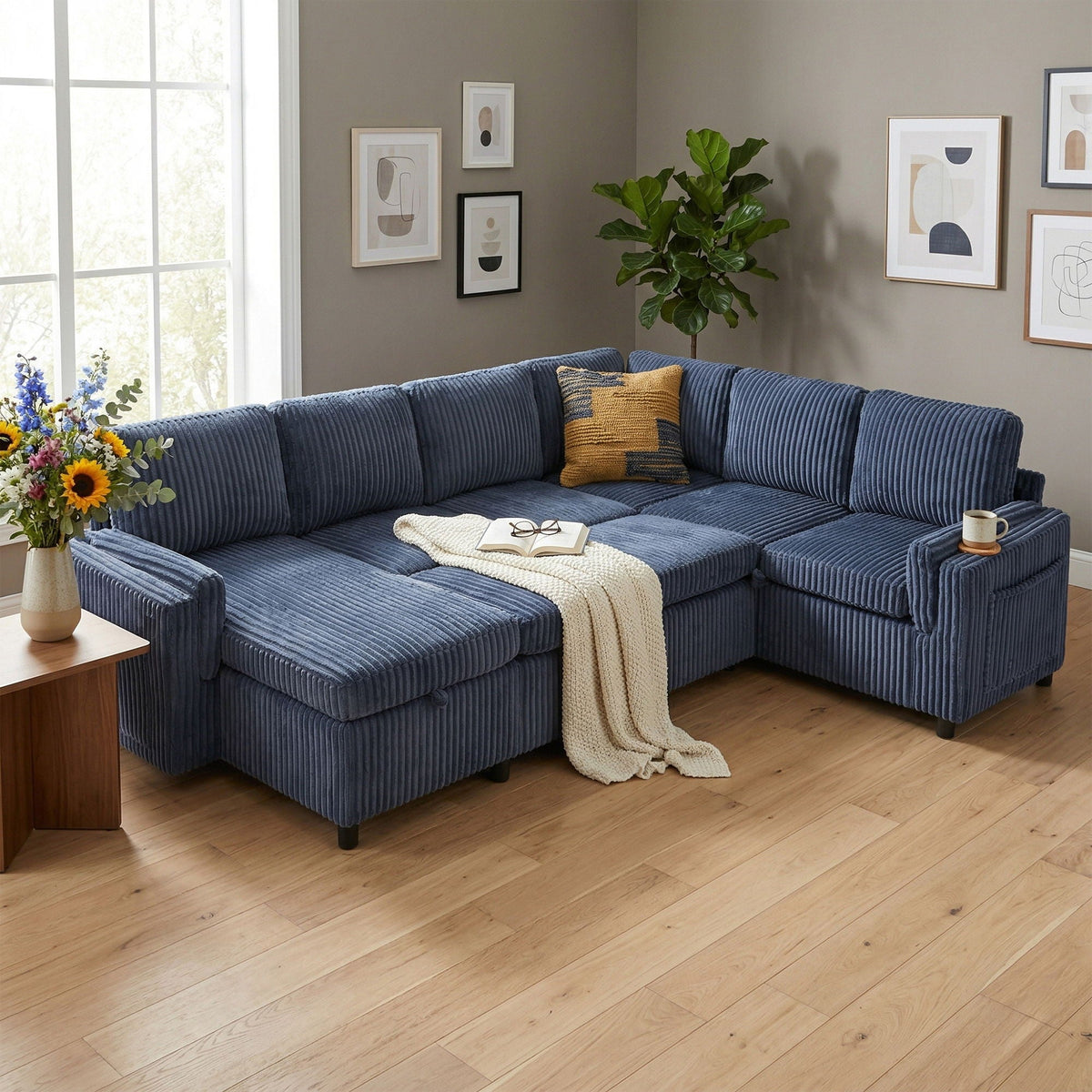 HouseOfZazla convertible U-shaped sectional sofa bed in blue corduroy with USB ports and storage on Tampa Home & Garden Store